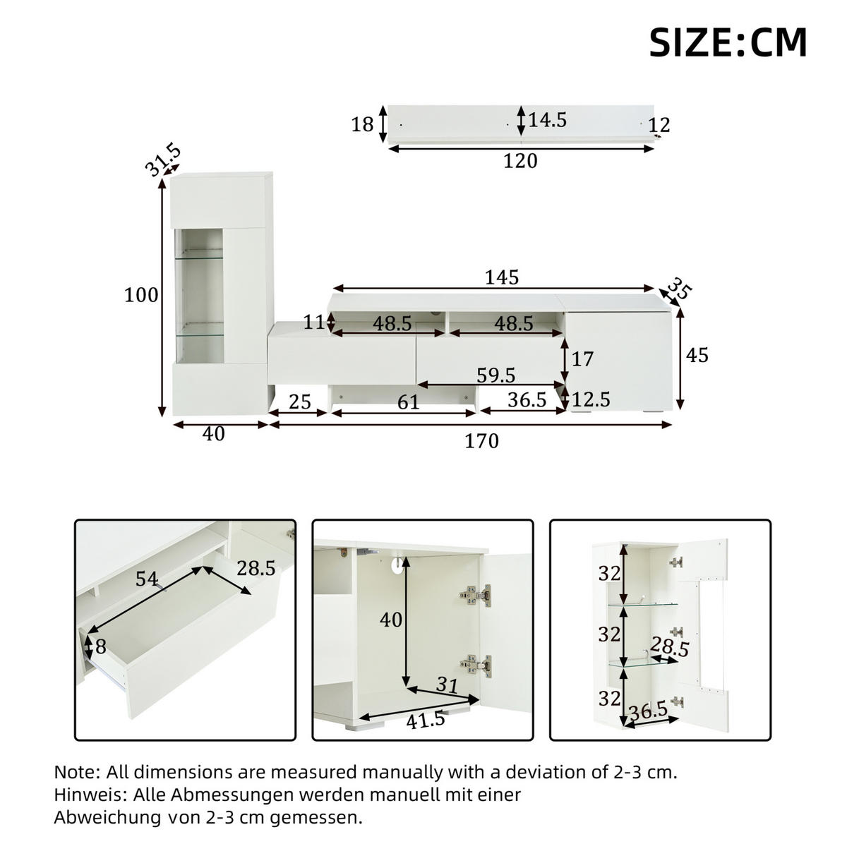 TV-WOHNWAND 3-teilig 170/35/45 cm aus Spanplatte mit LED-Beleuchtung und Hochglanzfront Weiß - Weiß, Holzwerkstoff (170/45/35cm) - Modenvie