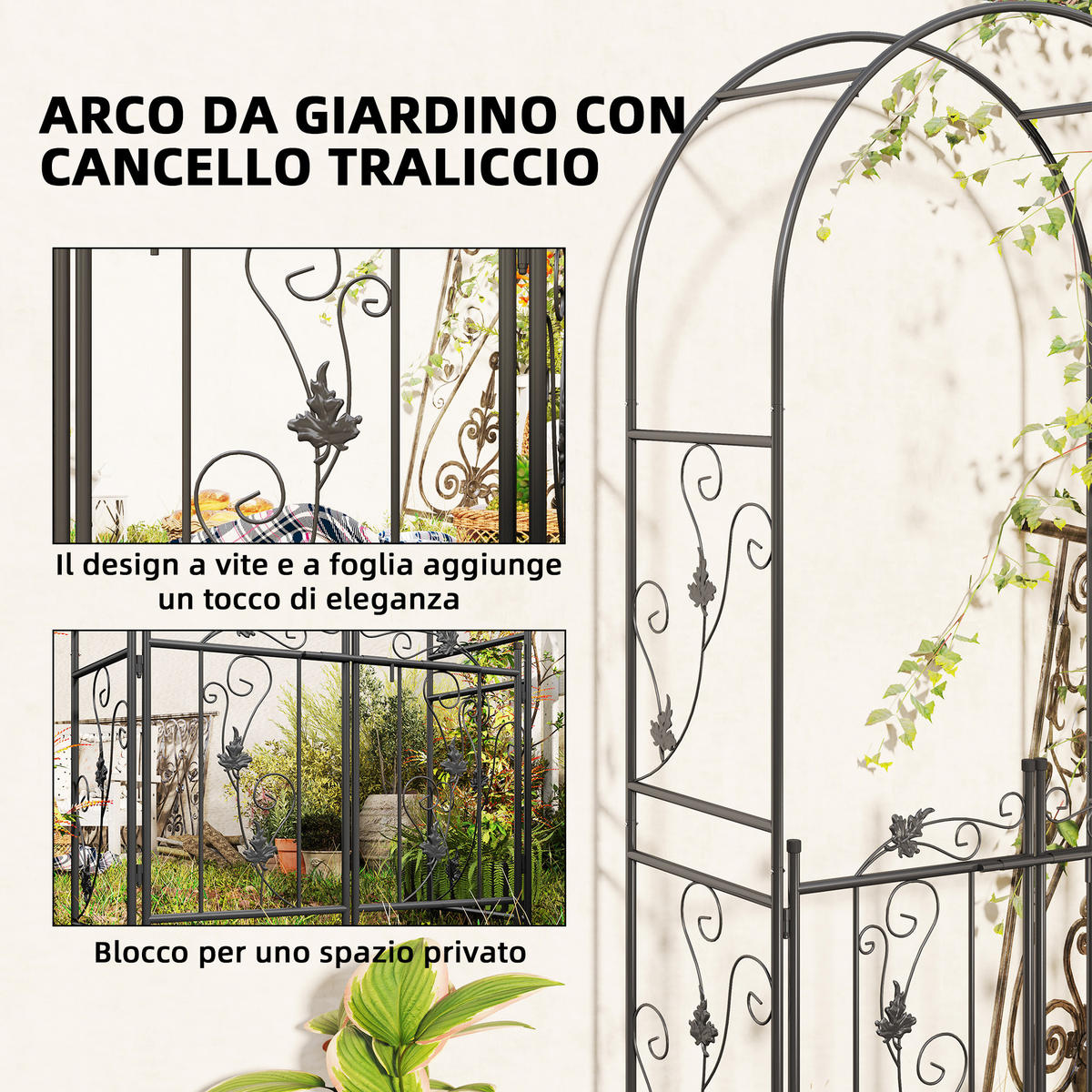 GARTENBOGEN,MIT Tor Metallspalier 2,2x1m,schwarz - Schwarz, Metall (58/16/91cm) - Vallsero