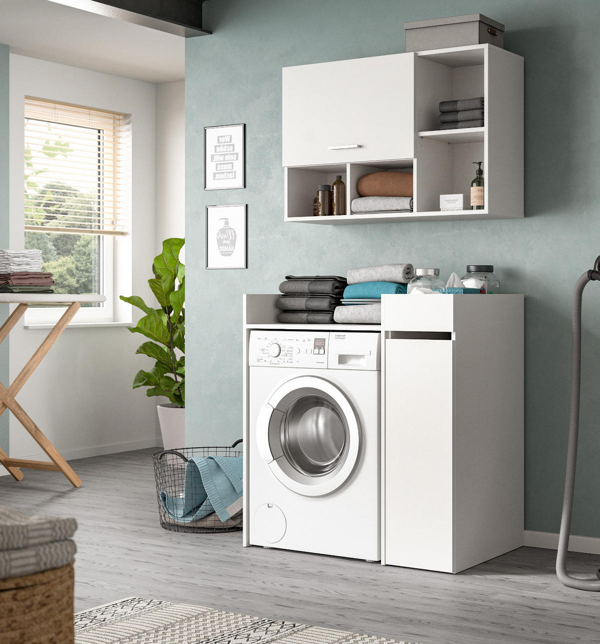 WASCHMASCHINENSCHRANK weiß Set 3-teilig 95 x 195 cm, Waschmaschinenumbau mit Stauraum - Silberfarben/Weiß, Glas/Holzwerkstoff (95/195/60cm) - Inn.Furn