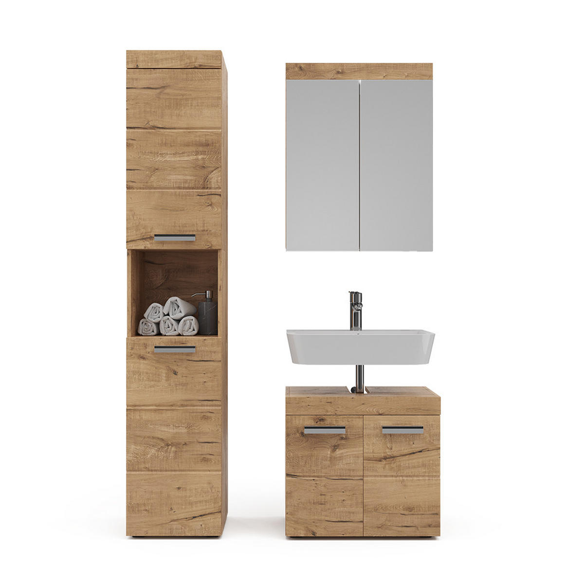 BADMÖBEL-SET Luna Eiche Wotan 3 Teile, mit Hochschrank - Eiche Wotan, Holzwerkstoff (60/56/34cm) - Vicco