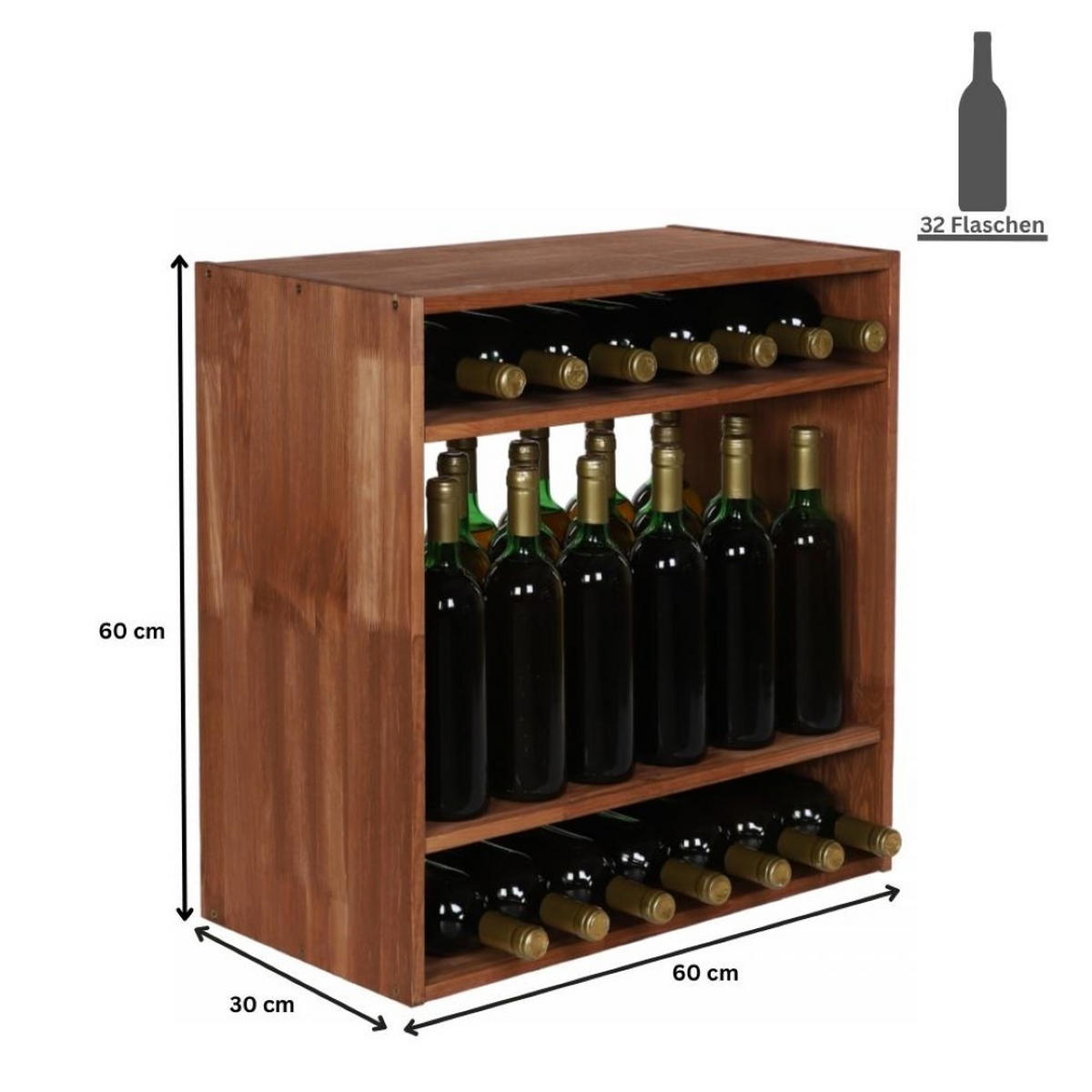 WEINREGAL Vincellar Mod 60x60x30 cm Standflaschen Modul Für 32 Flaschen Massives Kiefernholz Braun Geölt - Braun, Holz (60/60/30cm) - PROREGAL