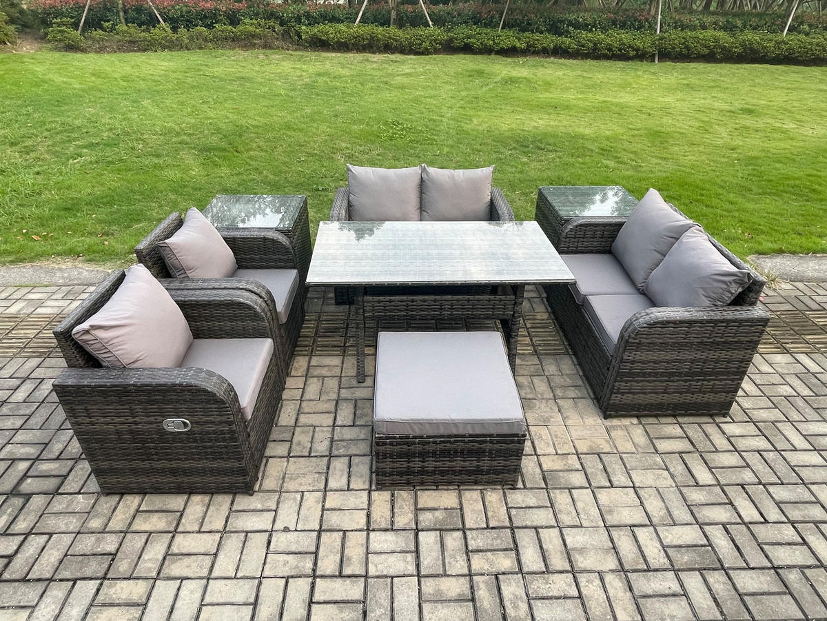GARTENSET mit Zweisitzer,Esstisch,Beistelltischen Polyrattan 7-Sitzer - Dunkelgrau/Grau, Glas/Kunststoff - Fimous