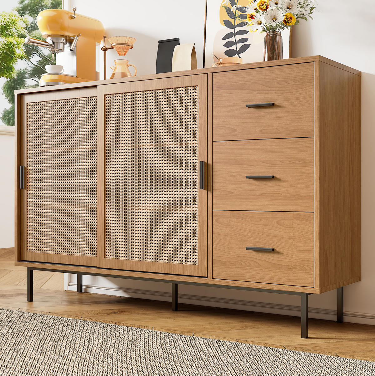 SIDEBOARD 140/37/91 cm mit 2 Schiebetüren & 3 Schubladen in Natur - Naturfarben, Holzwerkstoff (140/91/37cm) - BEAOK