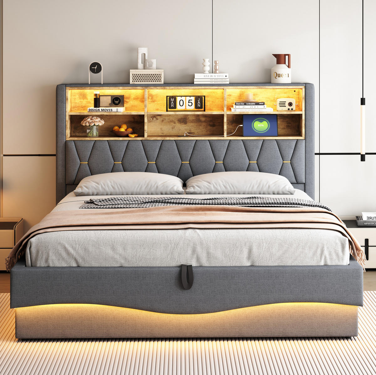 POLSTERBETT 180/200 cm Grau aus Leinen mit Bettkasten und LED-Beleuchtung - Grau, Metall (180/200cm) - OKMYHOME