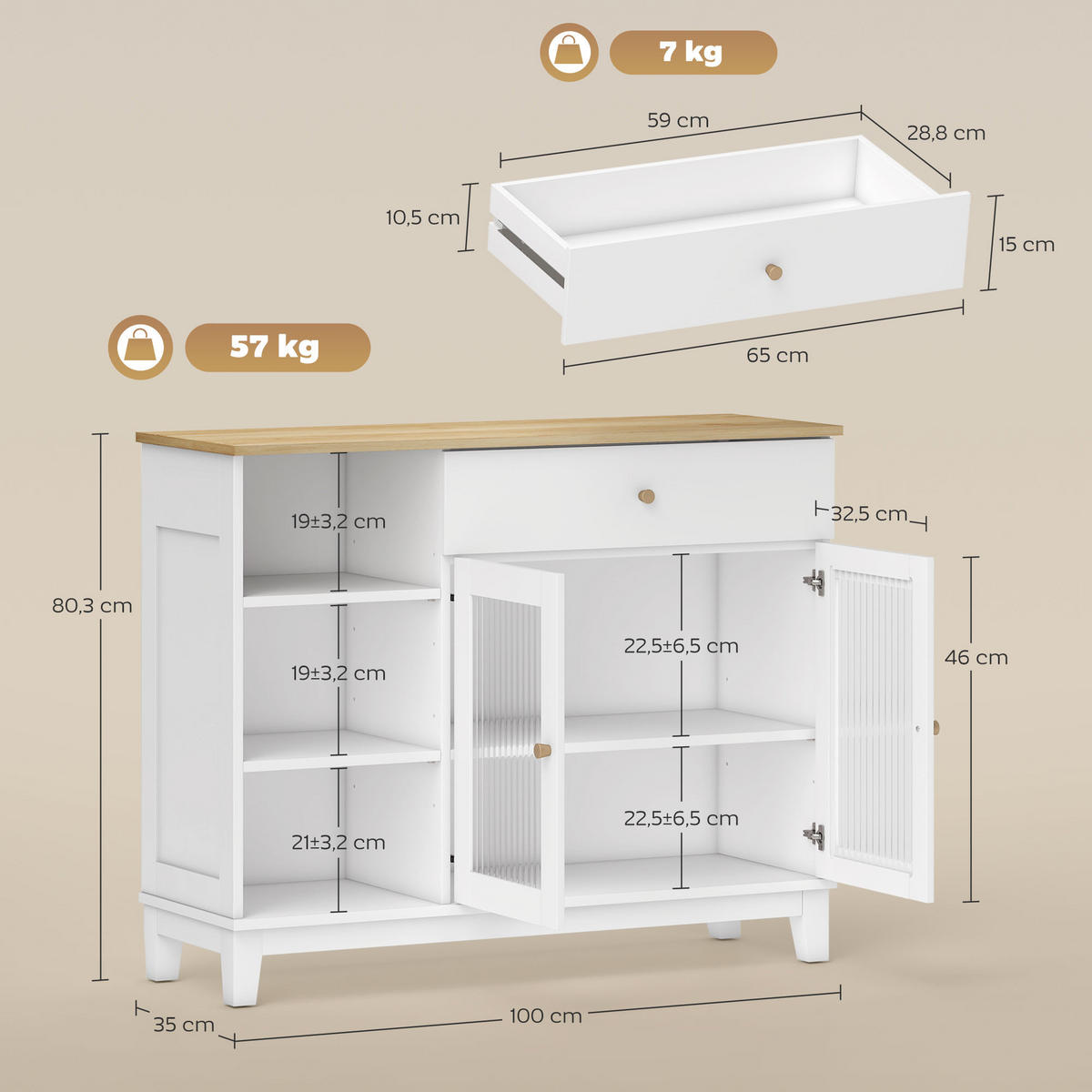 SIDEBOARD Weiß Eichefarben 100/35/80 cm - Weiß, Holzwerkstoff (100/80.3/35cm) - PANGIVO