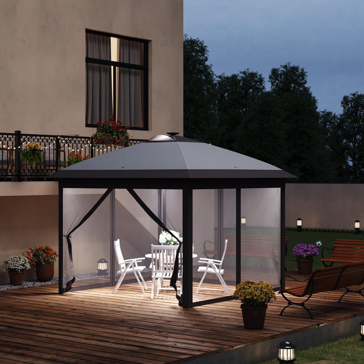 3,3 x 3,3 m Faltpavillon mit LED-Beleuchtung, Meshvorhänge, Tragetasche, Grau - Grau, Metall (330/288/330cm)