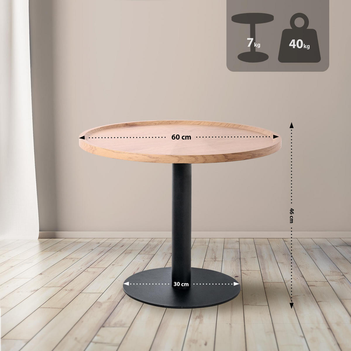 BEISTELLTISCH rund 60 cm Holz Natura - Eukalyptusholzfarben/Schwarz, Holz/Metall (60/60/46cm) - CLP