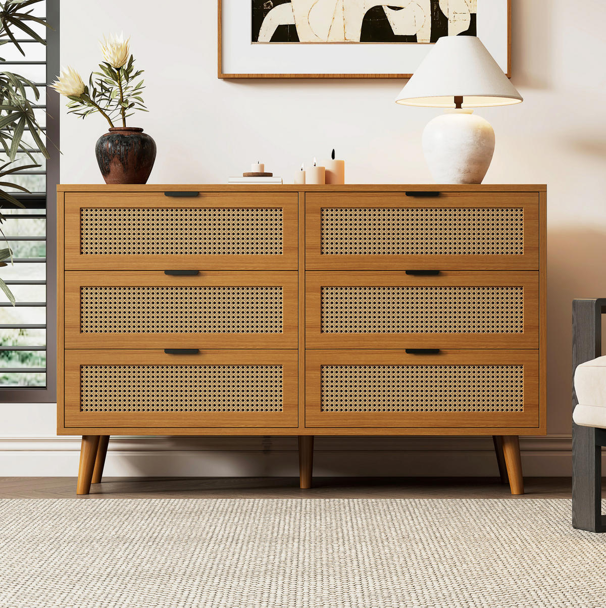 KOMMODE, 6 Schubladen, mit Retro-Rattan-Optik und Metallgriffen, 120x40x76,5 cm, Walnussfarben - Walnussfarben, Holzwerkstoff (40/76.5/120cm) - Modfu