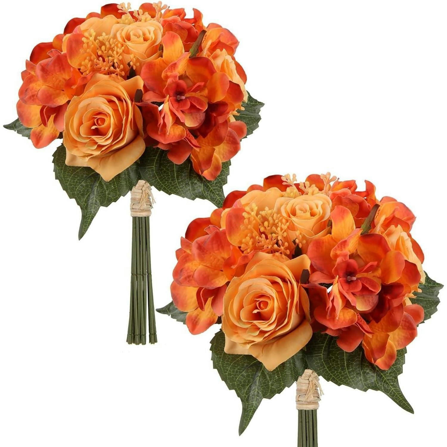 KUNSTBLUMENSTRAUSS 2er Set Hortensie Rosenbouquet Höhe 30cm Orange - Orange, Kunststoff (10cm)