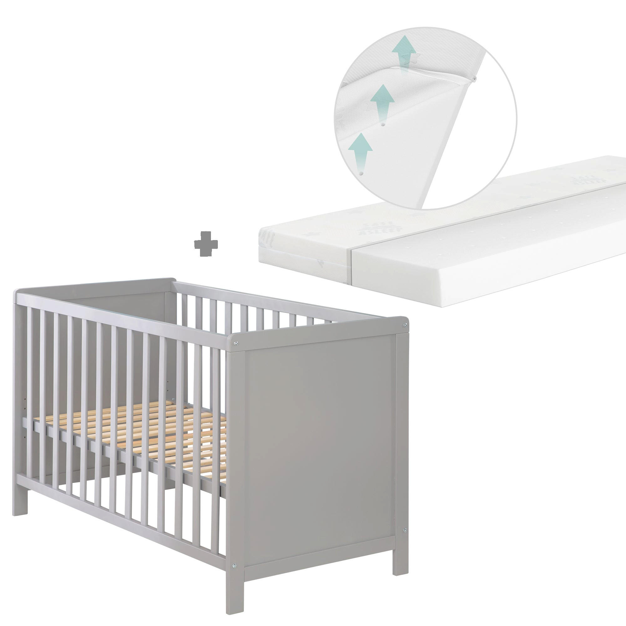 BABY- & BEISTELLBETT mit Matratze 'safe asleep®' - Taupe, Holzwerkstoff (60/120cm) - Roba