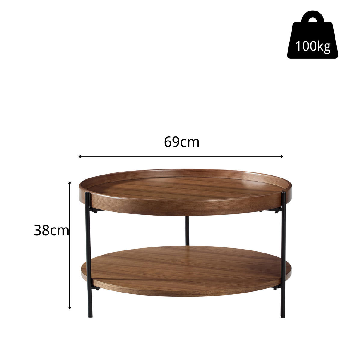BEISTELLTISCH 44/44/48 cm mit 2-stufigem Tablett-Design und Metallbeinen, Massivholz & MDF, Walnuss - Walnussfarben, Holzwerkstoff (44/44/48cm) - Redom