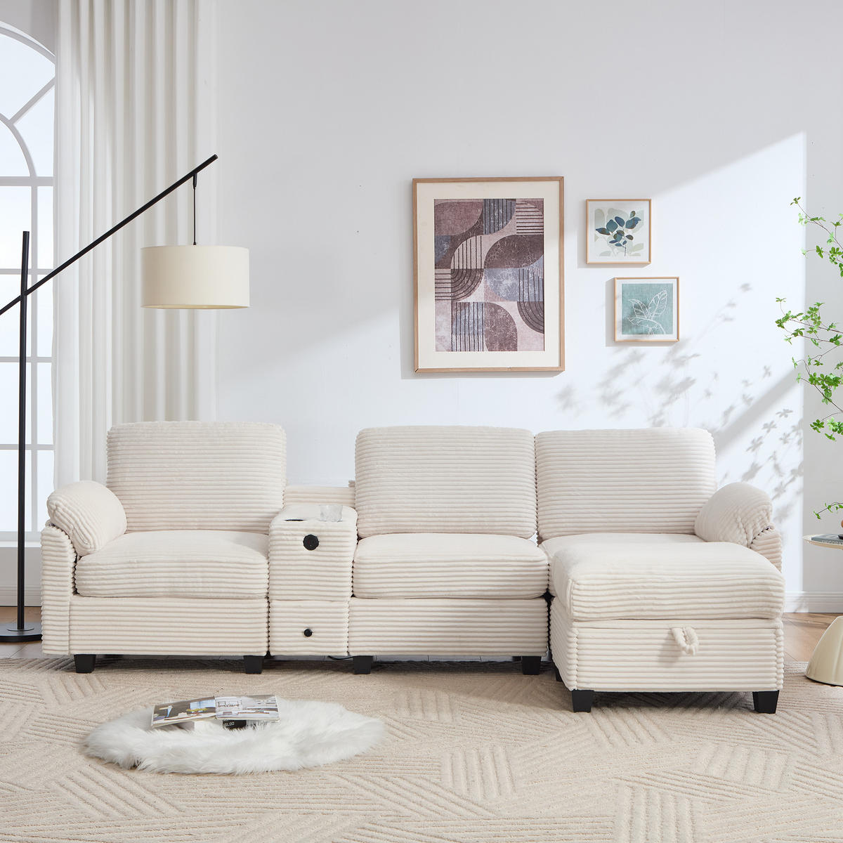 ECKSOFA L-Form mit verschiebbarer Mittelkonsole & USB-C-Anschluss Beige 266/136/82 cm - Beige, Textil (266/136cm) - OKWISH