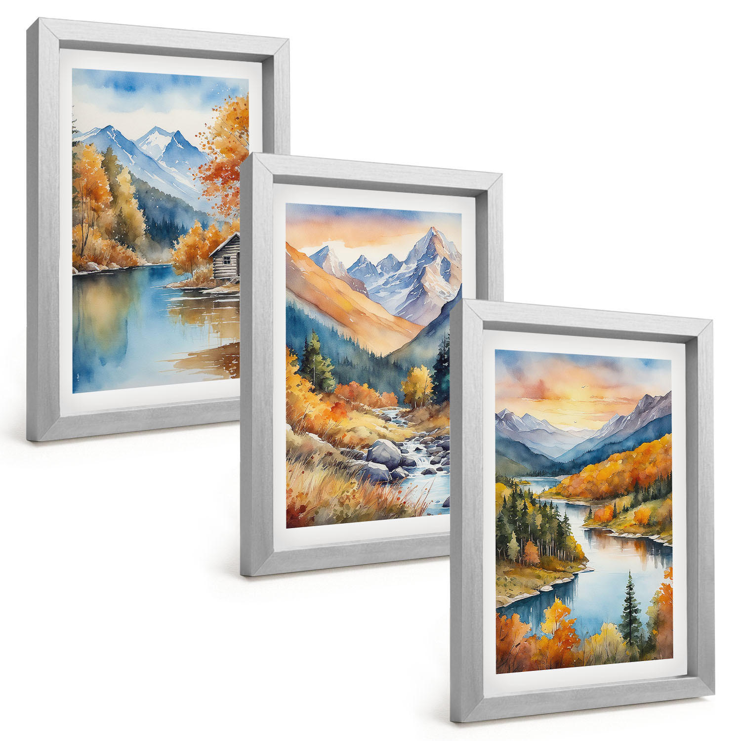BILDER SET 3er Set - 20x30 cm Silberner Rahmen - Berglandschaft, Fluss, Herbst - Silberfarben, Kunststoff (20/30cm) - TULUP