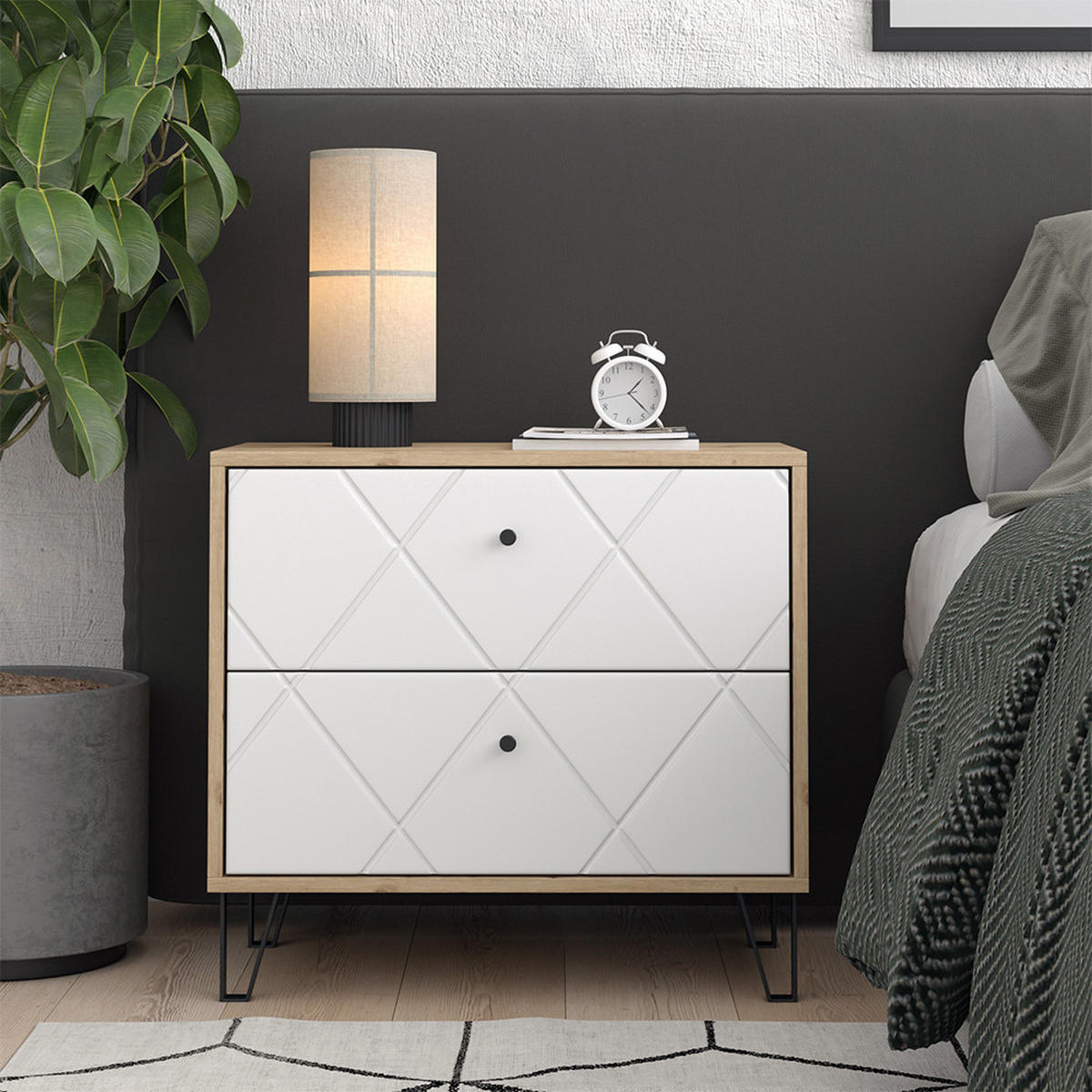 NACHTTISCH Nizza Artisan/Weiß 66 x 60.2 cm mit 2 Schubladen - Eiche Artisan/Weiß, Holzwerkstoff (66/60.2/36cm) - Vicco
