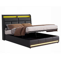 POLSTERBETT 140/200 cm mit Ablagekopfteil, RGB-LED-Beleuchtung am Kopfteil und am Fußende, Lederlook-Bezug - Schwarz, Holz/Metall (140/200cm) - Joyfair