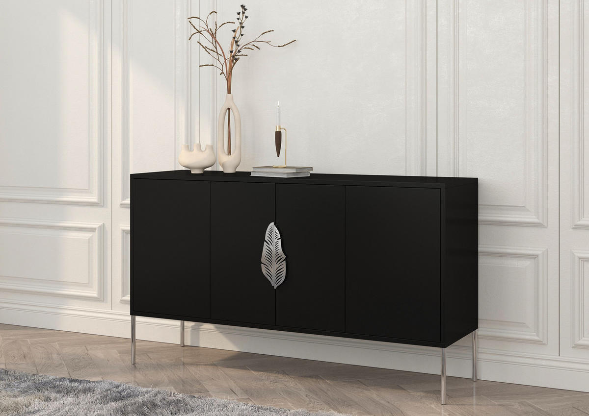 SIDEBOARD Merlin, Schwarz, Silberne Details - Silberfarben/Schwarz, Holzwerkstoff/Metall (138/79/40cm) - Skandica