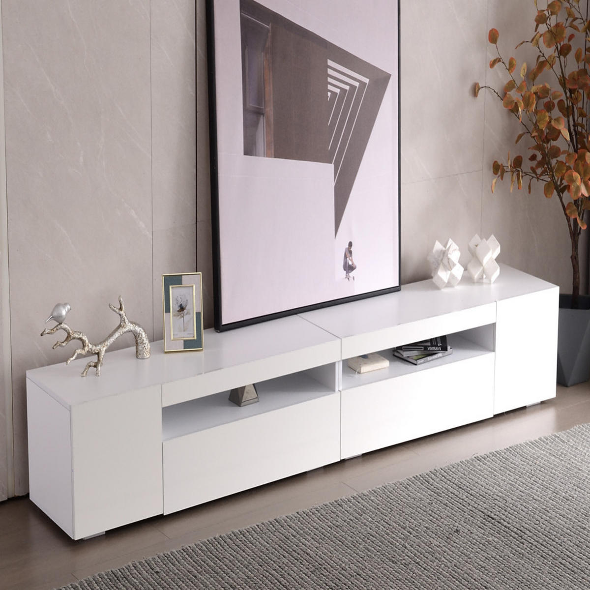 TV-SCHRANK 240cm Modern Weiß LED-Beleuchtung helles Panel glänzend - Weiß, Holz (49.5/15.5/107cm) - FLIEKS