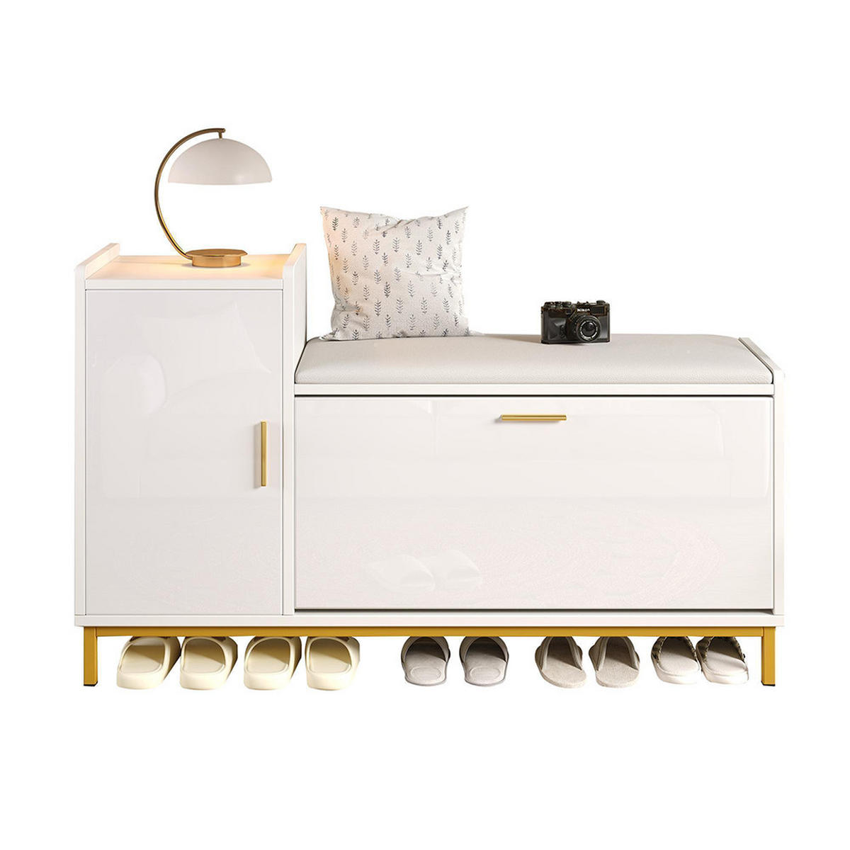 SCHUHBANK in 100x38x68cm mit 2 Fächern 1 Schrank,Weiß + Gold - Weiß, Holzwerkstoff (38/68/100cm) - KOMHTOM