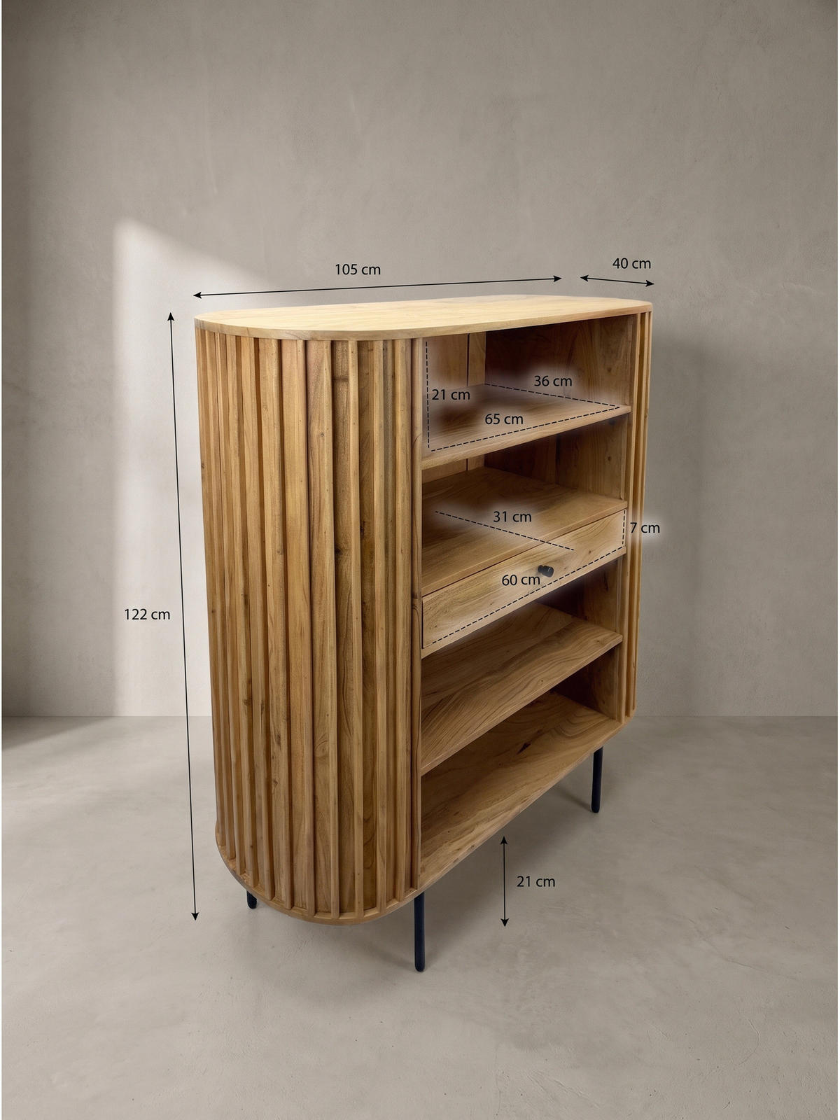 BÜCHERREGAL MELA, Akazie Massivholz, mit Stauraum, 105 x 40 x 122 cm - Akaziefarben, Holz/Metall (105/122/40cm) - KADIMA DESIGN