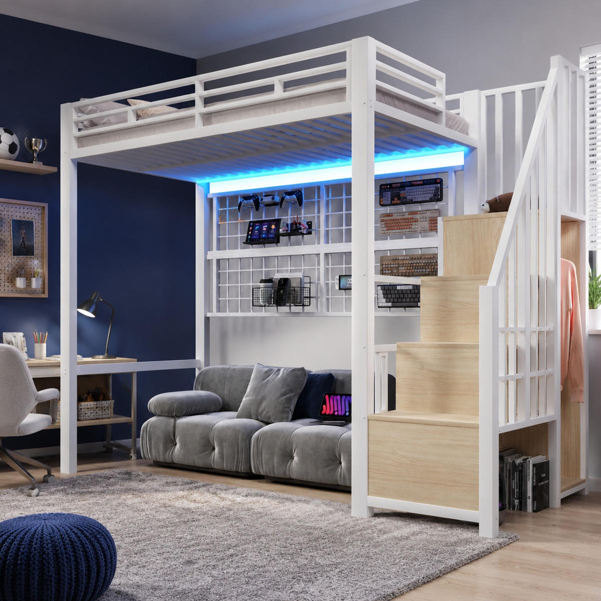 HOCHBETT 90/200 mit LED, Stauraumleiter und Kleiderschrank in Weiß - Weiß, Metall (90/200cm) - EVRYAE