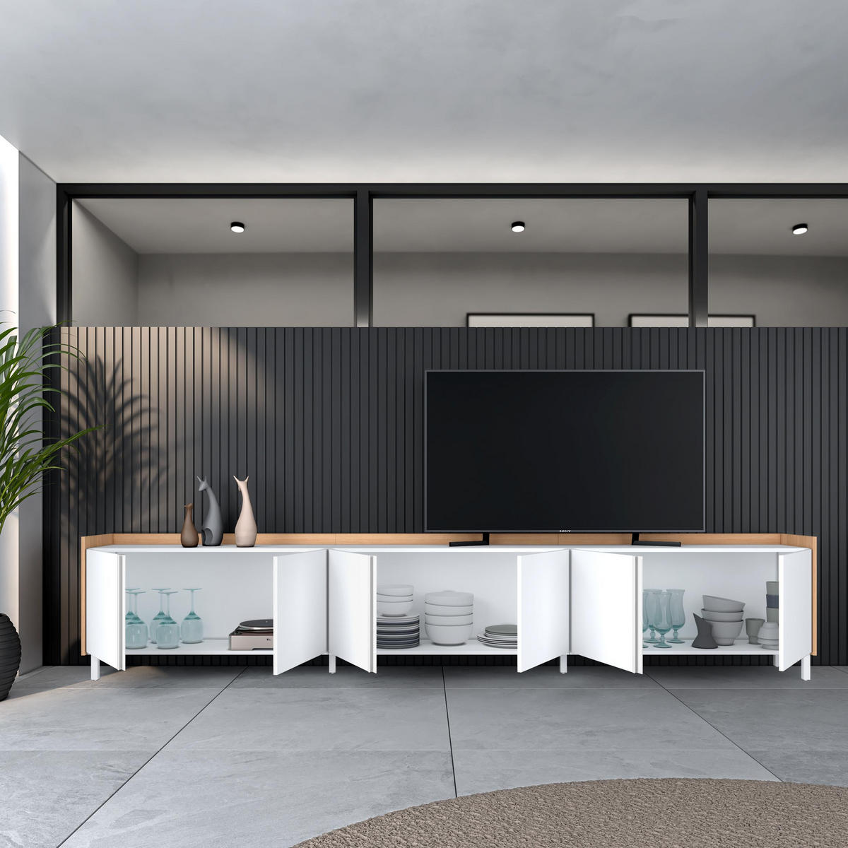 LOWBOARD, Weiß und Eiche, 309/35/61cm, mit Beinen - Weiß, Holzwerkstoff (309/61/35cm) - Skraut Home