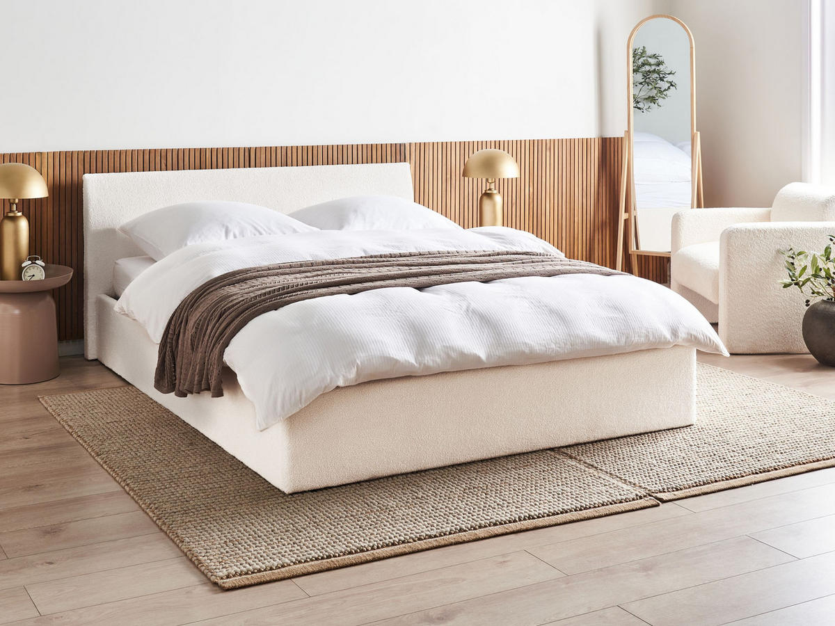 POSTELJA s prostorom za shranjevanje 160/200 bouclé kremasto bela Orbey - krem, tekstil (160/200cm) - Beliani