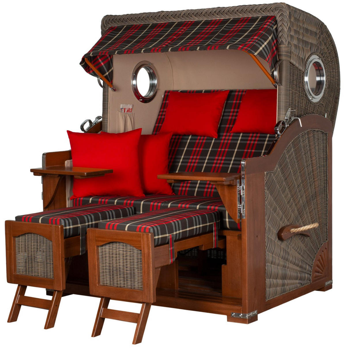 STRANDKORB Komplettset: Ammersee Grande XL Mahagoni Bullauge - PE grau - Modell 529 - Beige/Rot, Holz/Kunststoff (142/165/95cm) - bene living