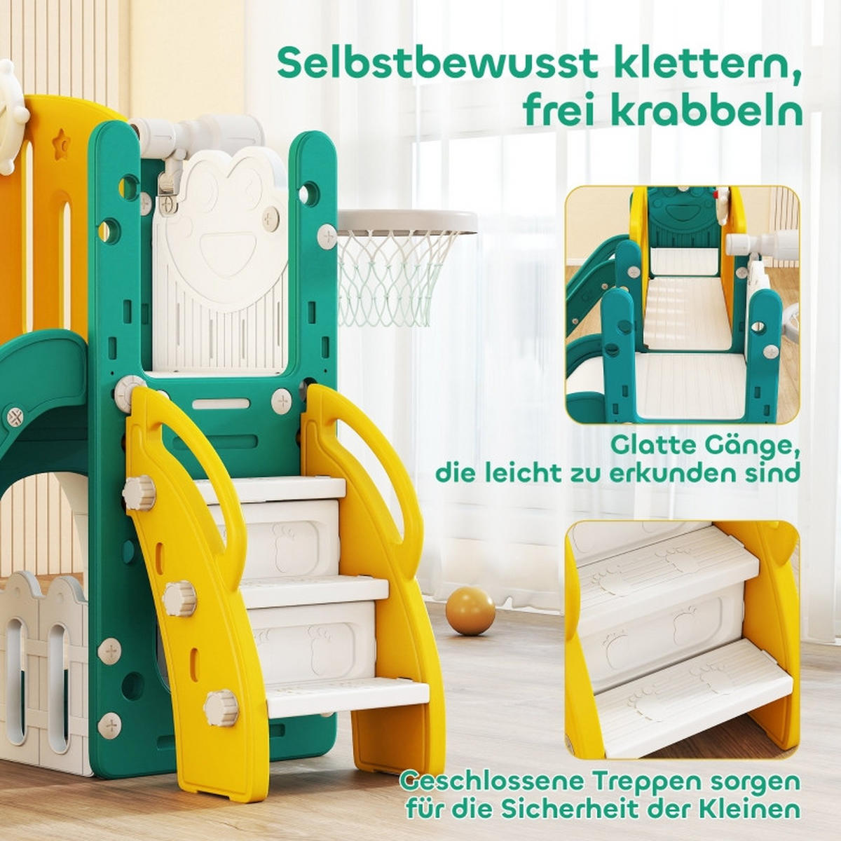 KINDERRUTSCHE 9-in-1 mit Schaukel und Basketballkorb Gelb/Grün - Gelb, Kunststoff (150/94/250cm) - Korfee