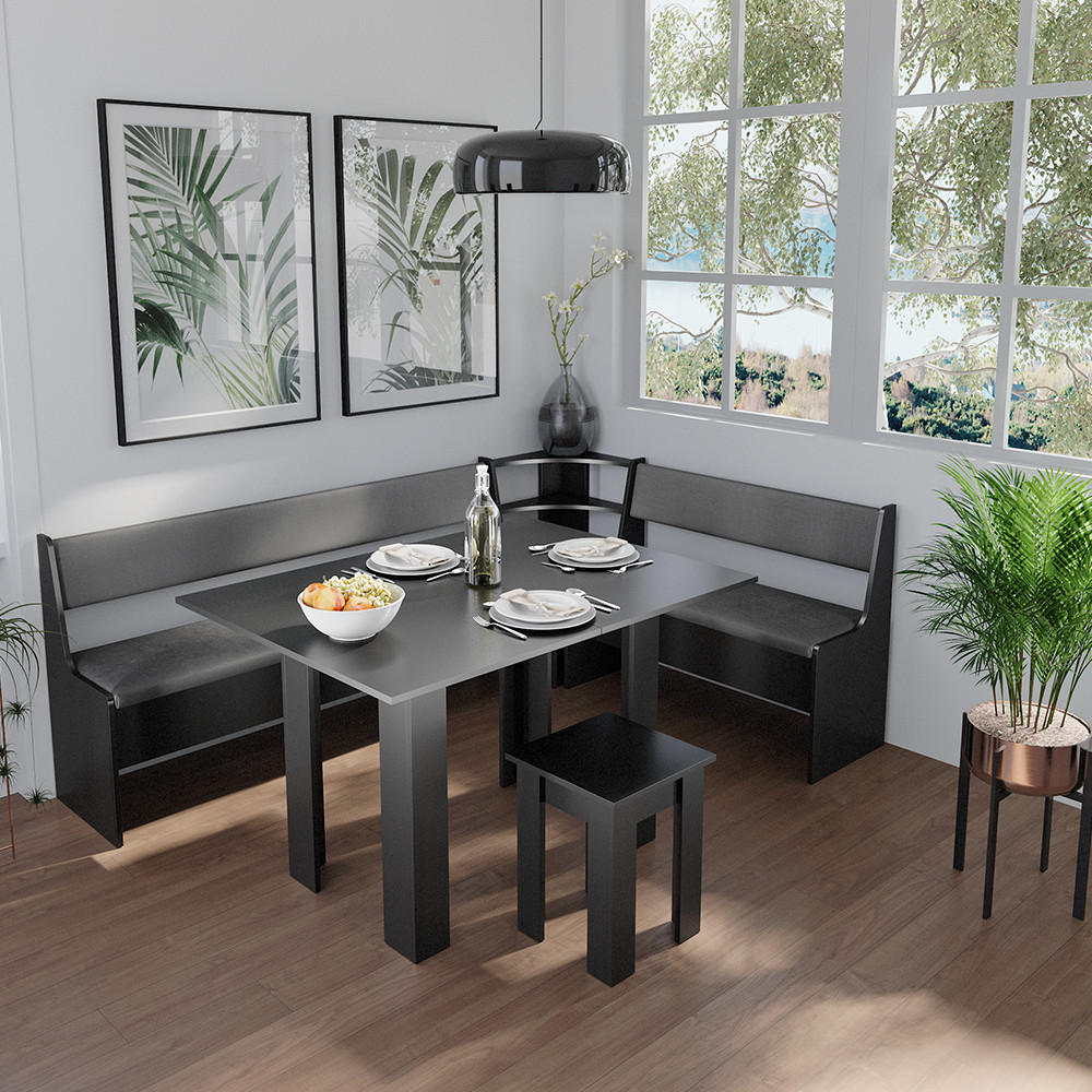 ECKBANKGRUPPE Roman Schwarz 150 x 41.5 cm mit Tisch - Edelstahlfarben/Schwarz, Holzwerkstoff (210/80/150cm) - Vicco