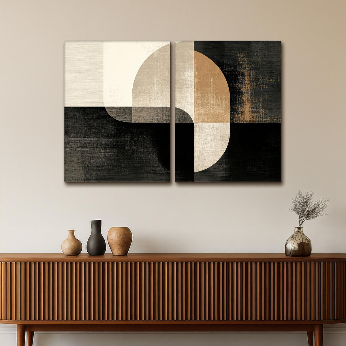 LEINWANDBILD 2er Set Formen - Abstrakt - Gold 120x80 cm - Schwarz, Textil (120/80cm) - MuchoWow