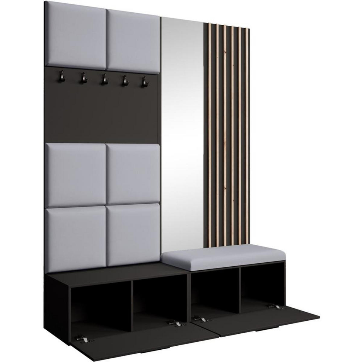 GARDEROBE Margaret I+II 162/203/43 mit gepolsterten Paneelen/Lamellen/Spiegel - Schwarz/Grau, Holzwerkstoff/Kunststoff (162/203/43cm) - Beautysofa