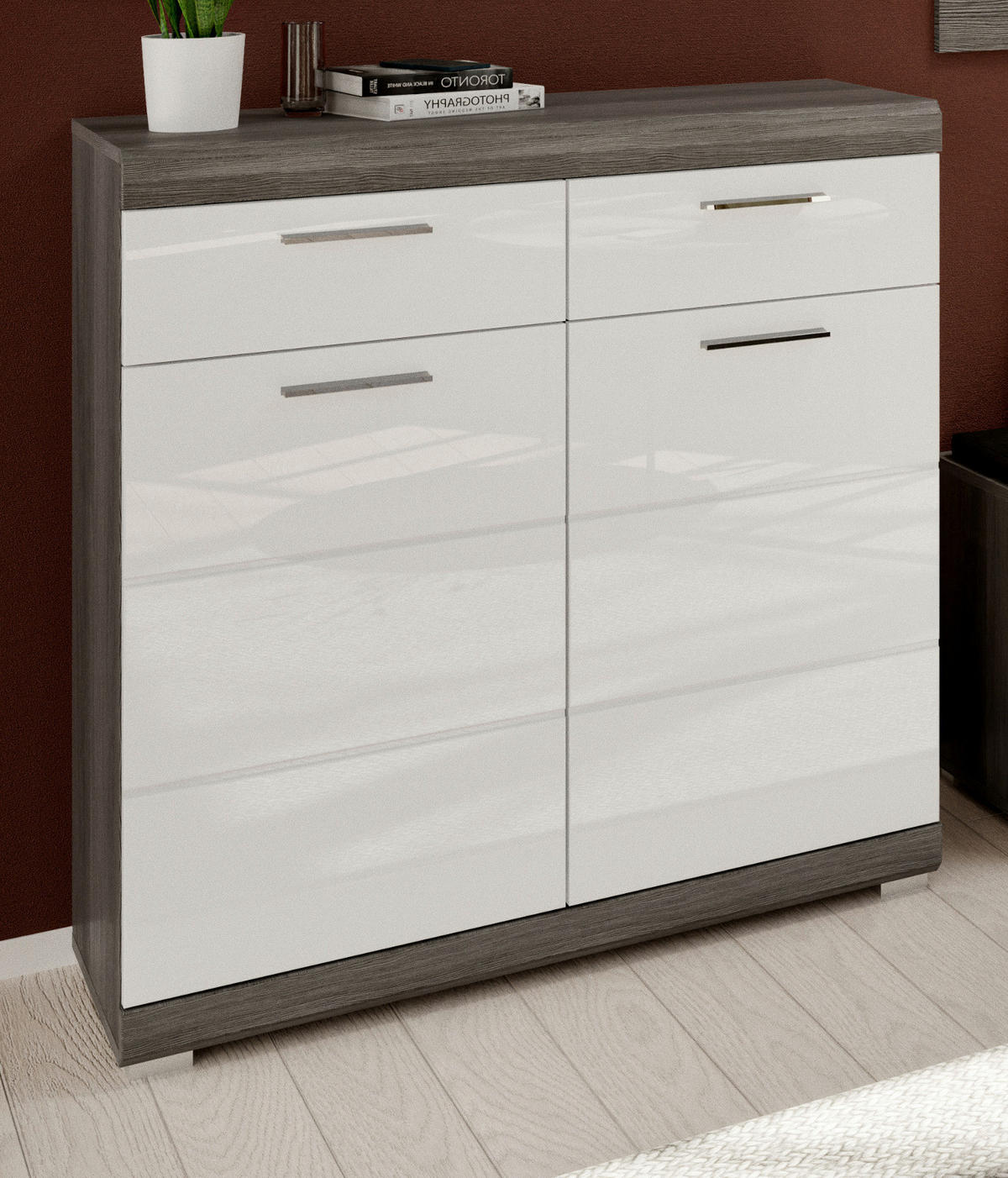 SCHUHSCHRANK weiß Hochglanz, Rauchsilber grau 90 cm, Flur Kommode mit Vollauszug - Chromfarben/Weiß Hochglanz, Holzwerkstoff/Kunststoff (90/96/37cm) - Inn.Furn