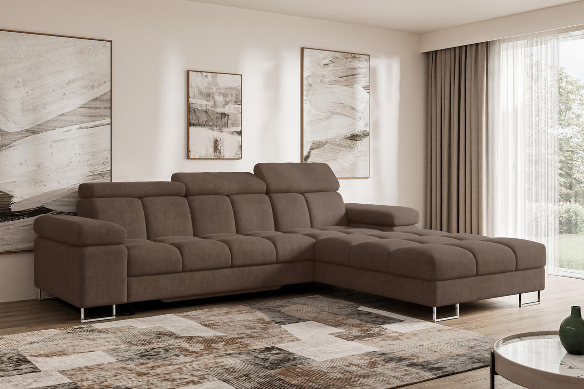ECKSOFA mit Schlaffunktion Ottomane Rechts COMA L 271x203x79 Braun Velours - Braun, Holzwerkstoff/Textil (203/271cm) - ALTDECOR