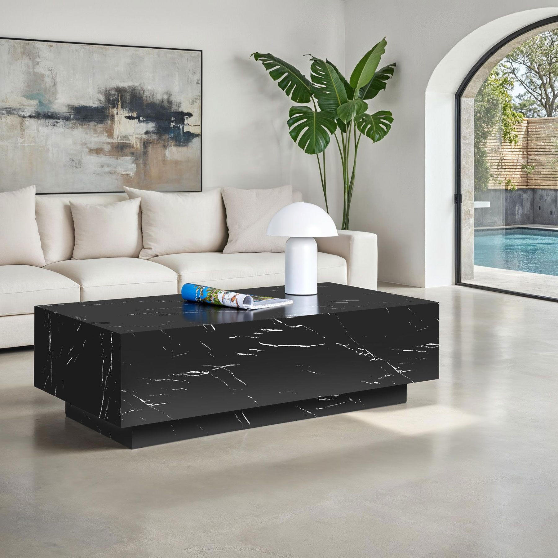 COUCHTISCH Lasley,inkl. Bodenschoner, Belastbarkeit 45 kg,Marmor Optik schwarz - Schwarz, Holz (60/120/35cm) - tectake