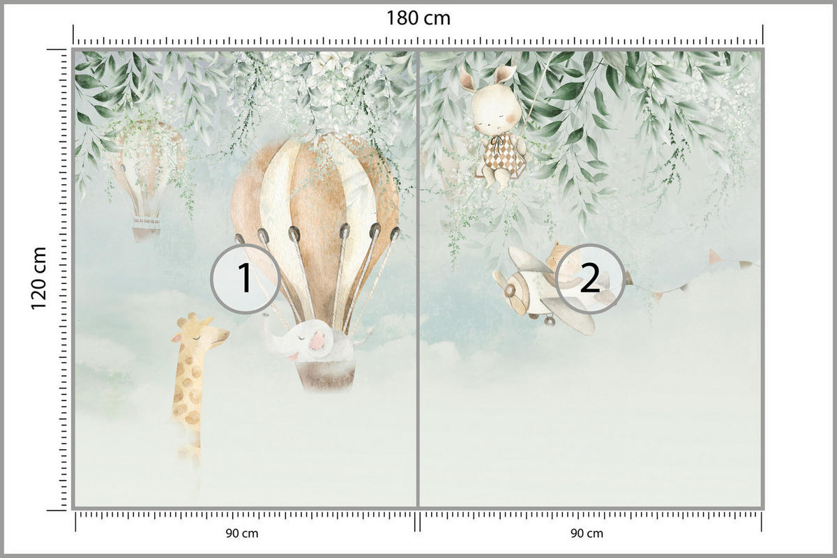 FOTOTAPETE Für Kinder TIERE Luftballons Blätter Blumen Wolken 180x120cm - Beige/Braun, Papier (180/120cm) - Muralo