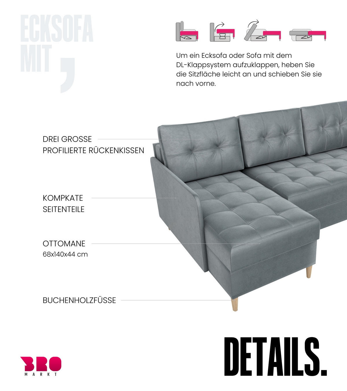 ECKSOFA Fado mit Schlaffunktion Grau Samtstoff - Grau, Textil (210/141cm) - Bromarkt