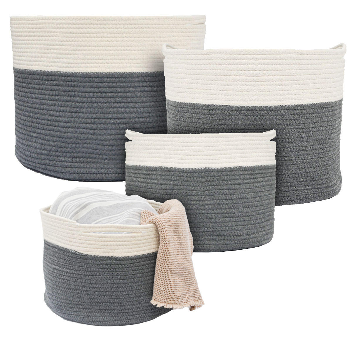 BAUMWOLL-WÄSCHEKORB 4er Set Grau - Grau, Textil (48/33/46cm) - Dunedesign