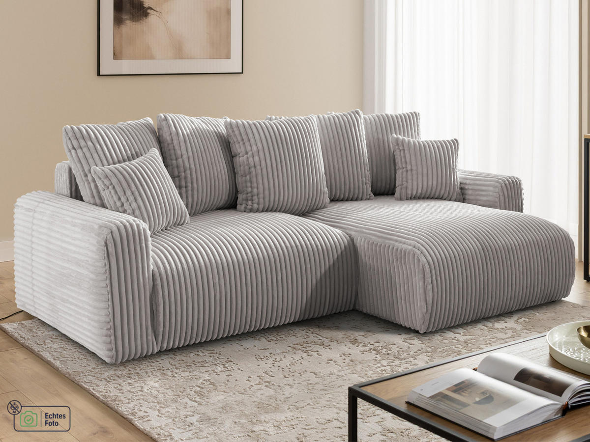 ECKSOFA Calma mit Schlaffunktion und Bettkasten im Bumpy-Design aus weichem Hellgrau Plüschcord - Ottomane rechts - Hellgrau/Schwarz, Holz/Kunststoff (140/239cm) - S-Style