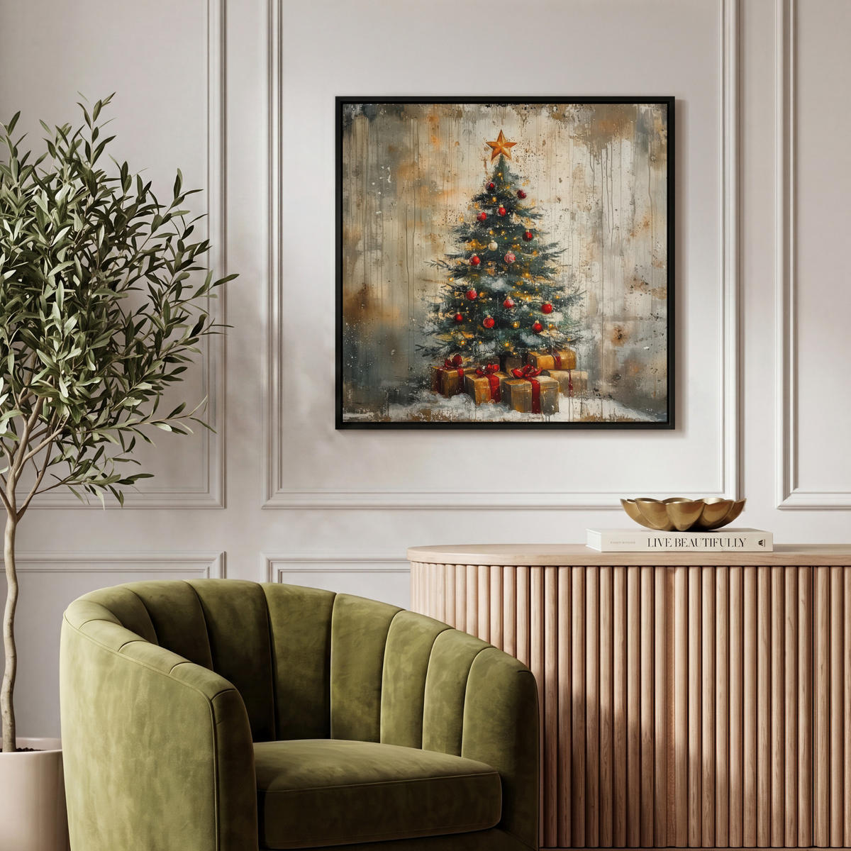 LEINWAND Bilder mit Rahmen - Weihnachtsbaum - Vintage - Weihnachten - Geschenk - 50x50 - Rostfarben, Textil (50/50cm) - MuchoWow