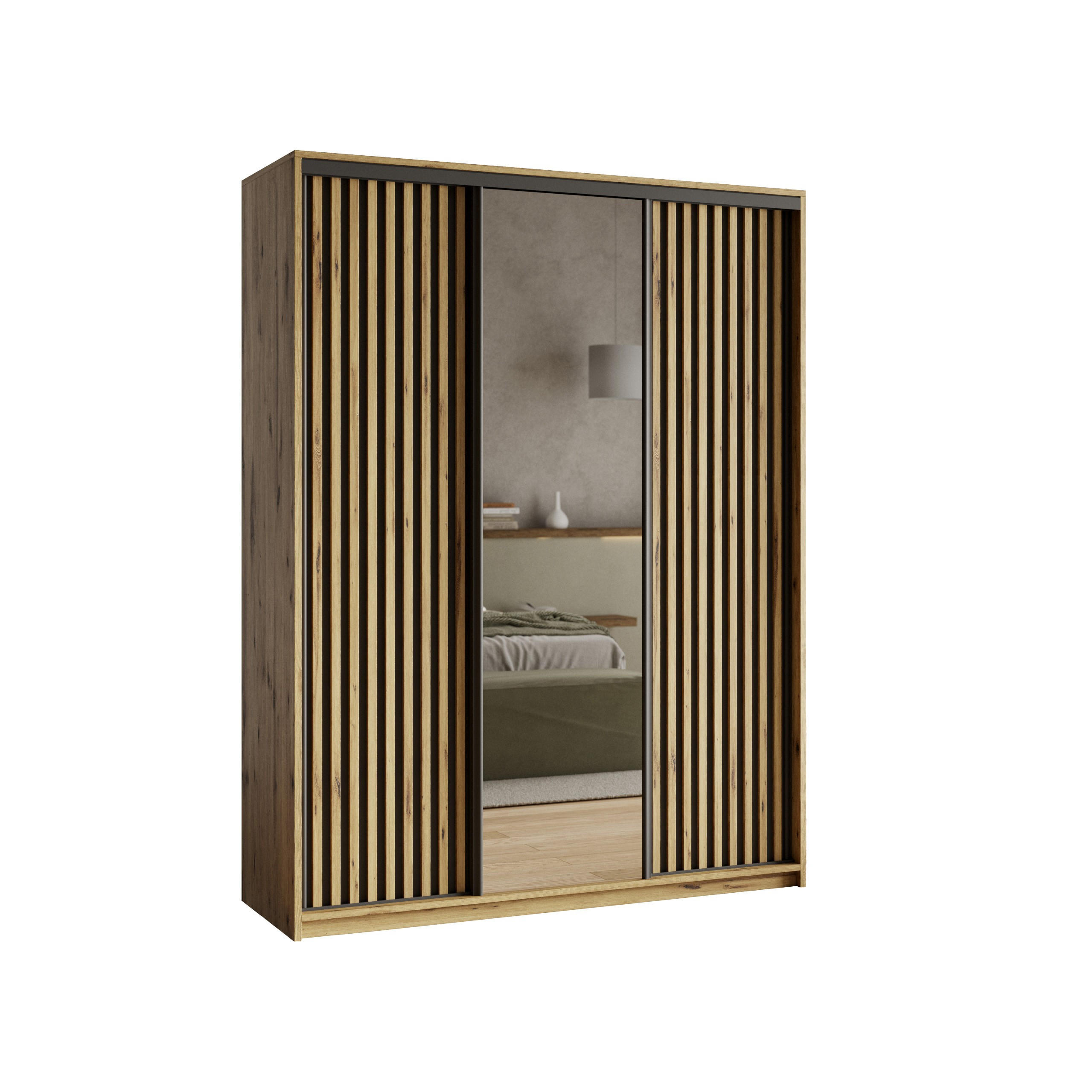 SCHWEBETÜRENSCHRANK ORRA 150/205/60 cm 3-türig mit Spiegel und Lamellen Eiche Artisan - Schwarz/Eiche Artisan, Holzwerkstoff (150/205/60cm) - MASSENO