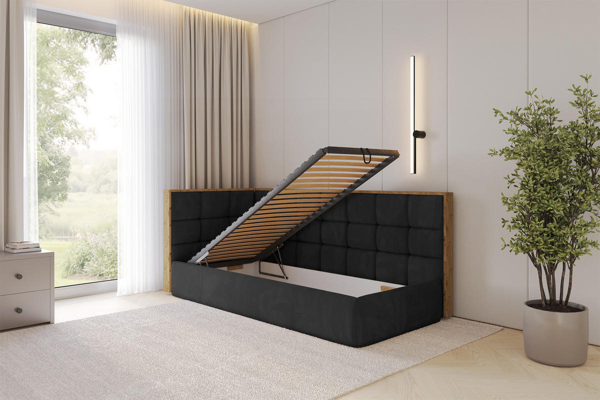 EINZELLBETT Jugendbett mit Bettkasten, Rechts - SOVY 100x200 Schwarz - Anthrazit, Holzwerkstoff/Textil (100/200cm) - ALTDECOR