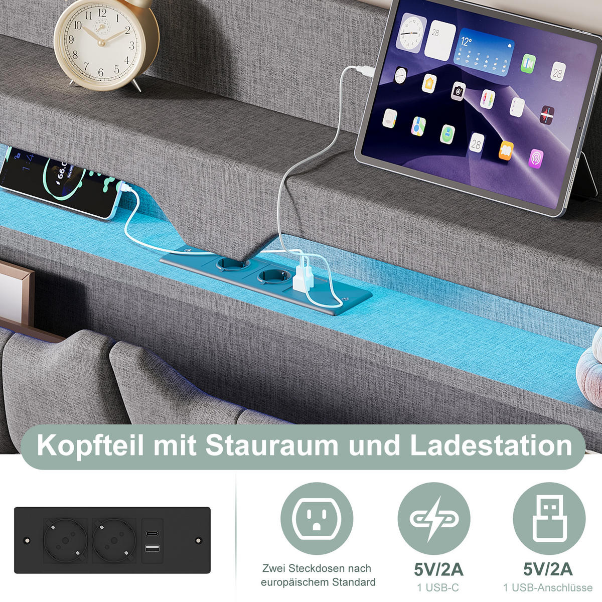 HYDRAULISCHES Polsterbett 140x200 cm mit Stauraum, LED und USB, Grau - Grau, Holz/Metall (140/200cm) - PARAFTA HOME