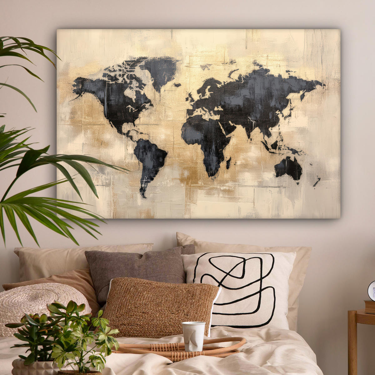 LEINWANDBILD Weltkarte - Gold - Schwarz - Abstrakt Wohnzimmer Groß 120x80 cm - Kupferfarben, Textil (120/80cm) - MuchoWow