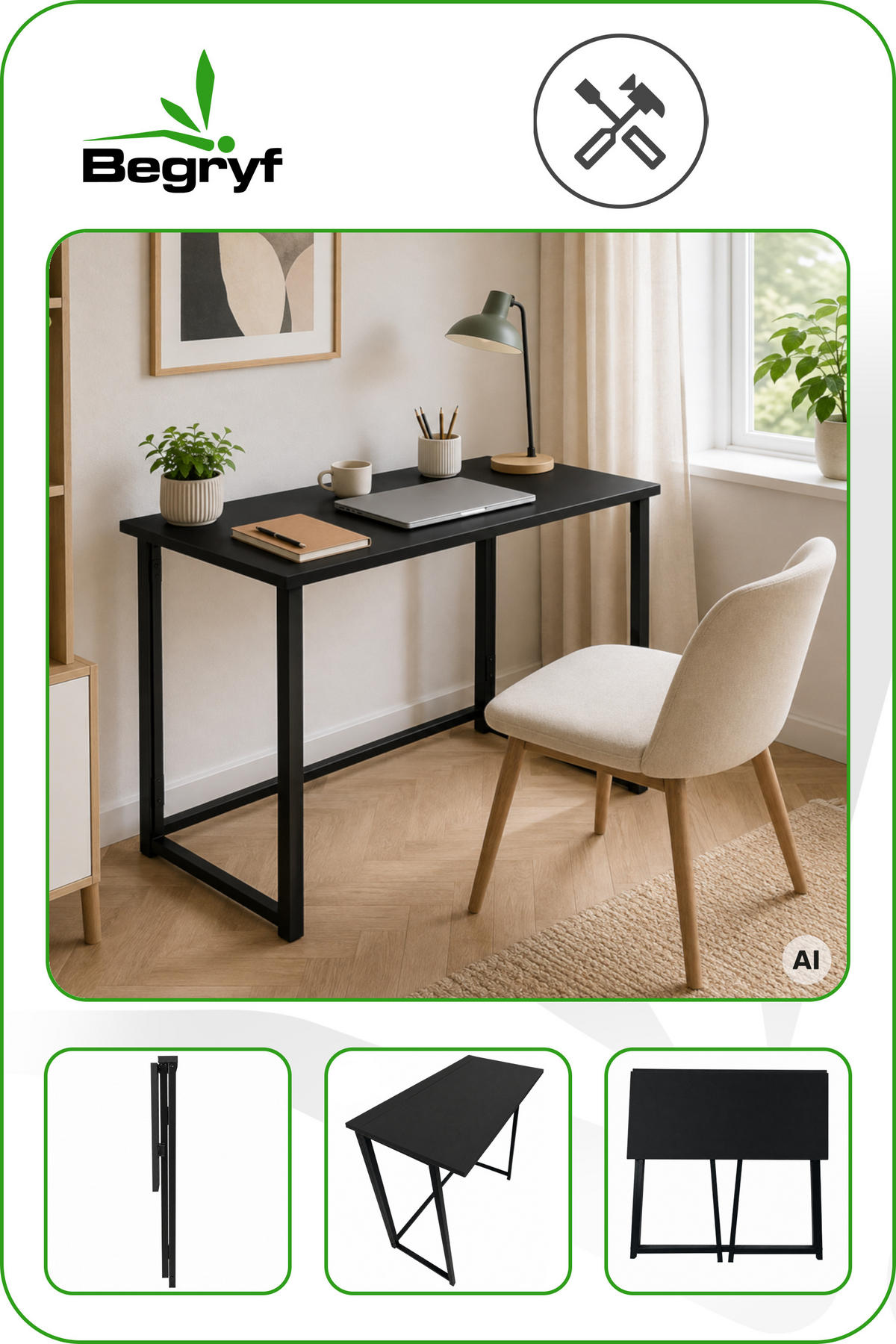 KLAPPSCHREIBTISCH MDF Metall Schwarz 80 x 40 x 74 cm platzsparend - Schwarz, Holzwerkstoff/Metall (40/80/74cm) - Begryf