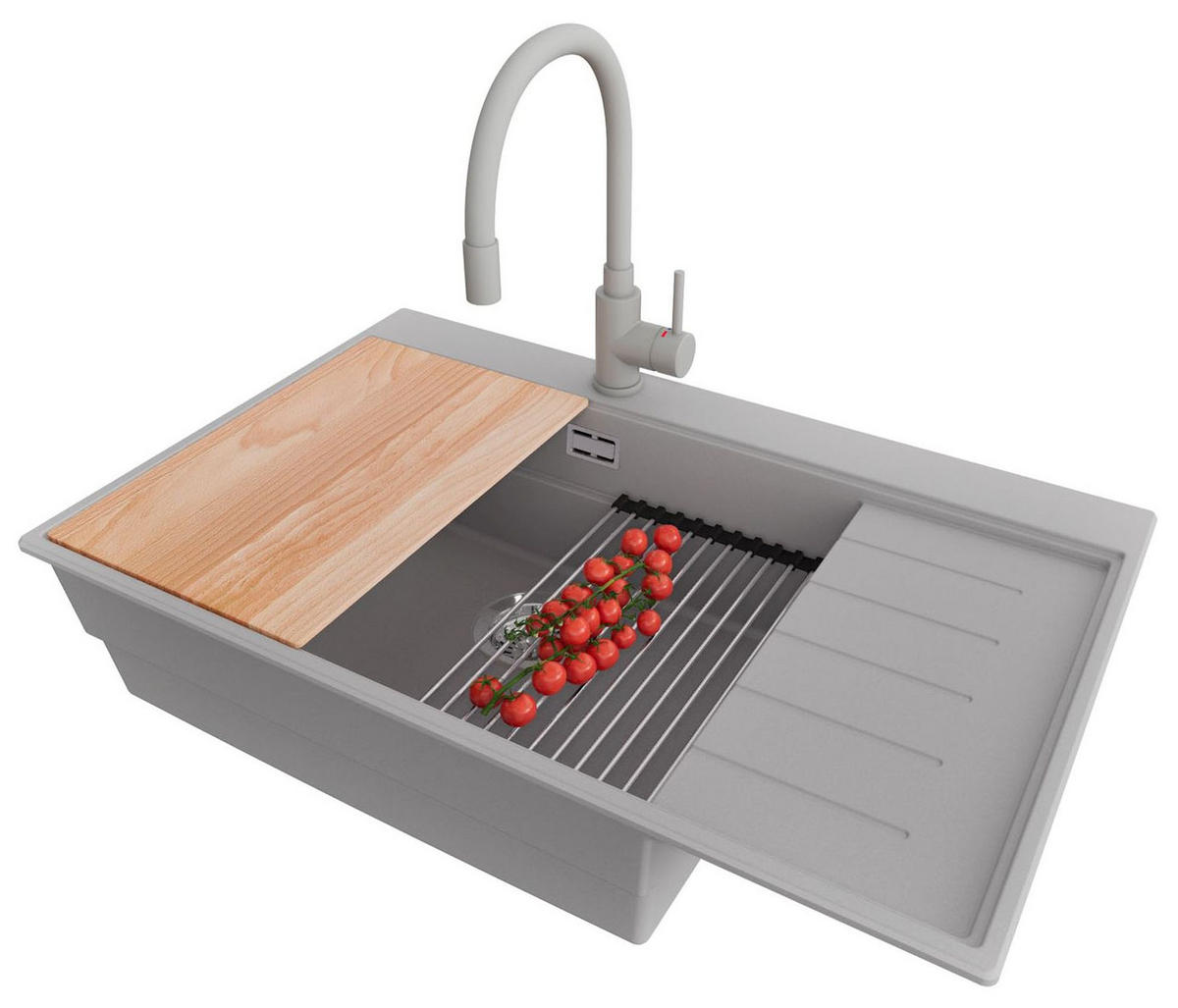 GRANITSPÜLE Sydney, 2-er set Grau 78/50 cm 1 Becken + Küchenarmatur 38/14 cm + Ablauf-Set + Küchenzubehörset ab 60er Unterschrank - Chromfarben/Beige, Kunststoff (78/20/50cm) - Primagran