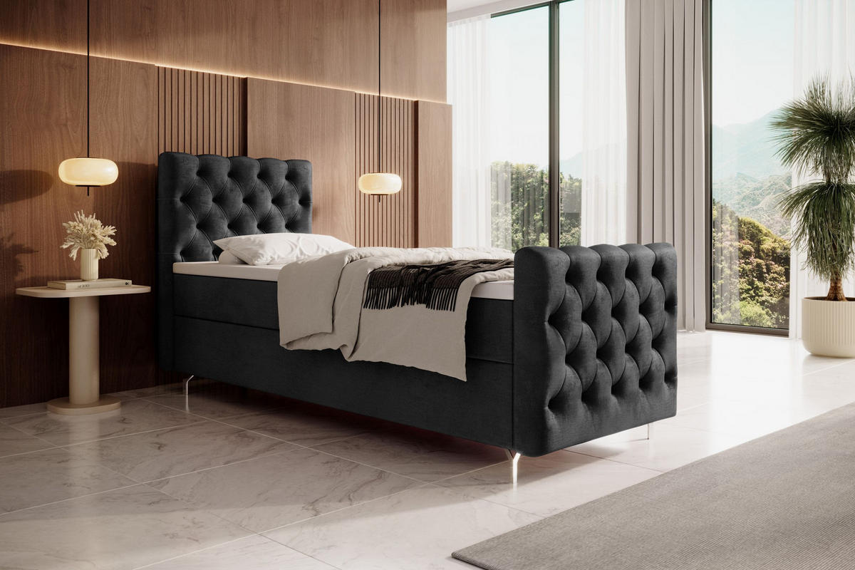 BOXBETT CHESTER PLUS P mit Matratze H3, Bonell und Topper 100x200 Monolith 97 - Dunkelgrau, Textil (100/200cm) - Bedante