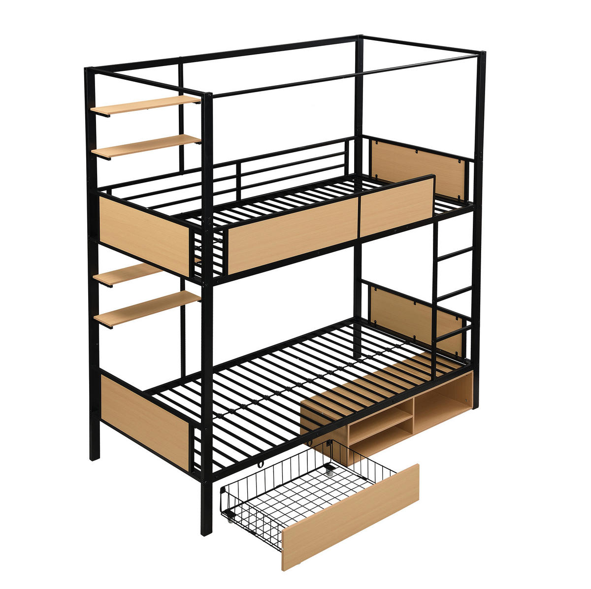ETAGENBETT 90/200 cm mit Treppe, Ablageflächen und Stauraum aus Metall und MDF, Schwarz/Natur - Schwarz, Holzwerkstoff (90/200cm) - Redom
