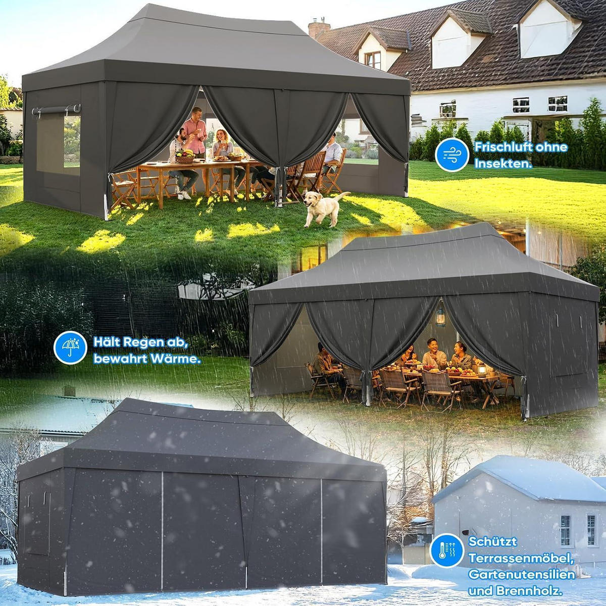 FALTPAVILLON 3x6m Grau wasserdicht mit Seitenwänden - Grau, Textil (585/310/293cm)