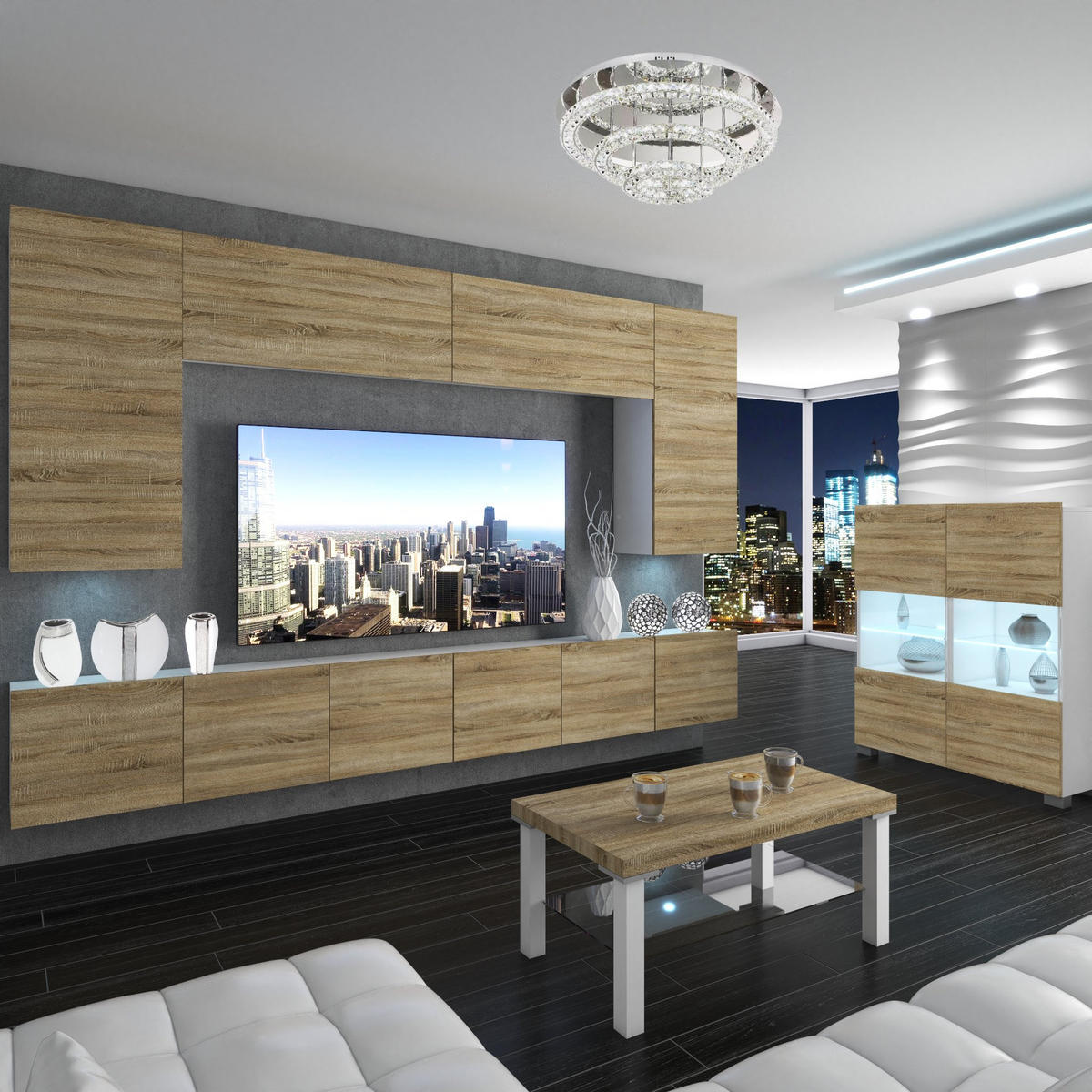 WOHNZIMMERWAND mit LED-Beleuchtung TV-Schrank Sonoma Eiche - Eschefarben, Holz (300/180/36cm) - B BELINI GROUP