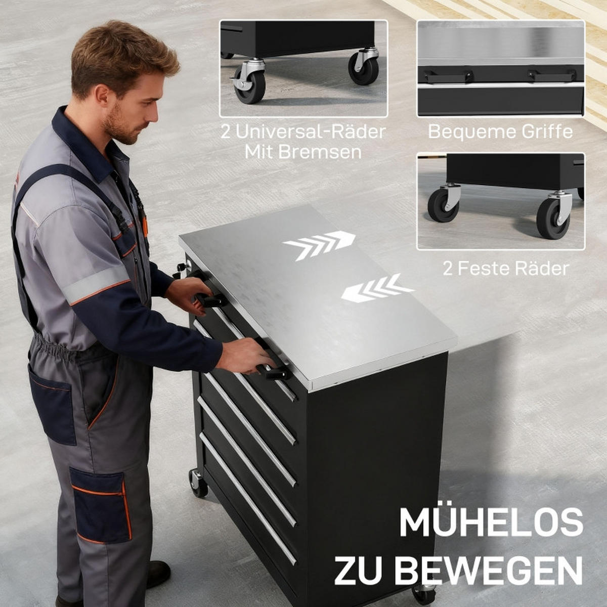WERKZEUGWAGEN mit 5 Schubladen, rollbar, Zentralschloss, Silber-Schwarz - Schwarz, Metall (34.5/76/65.5cm) - Novahome
